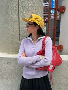 女款羅紋半拉鍊領毛衣，寬鬆版型長袖針織套頭衫，薰衣草紫色柔軟保暖秋冬休閒上衣 - 紫色 - 查看 1