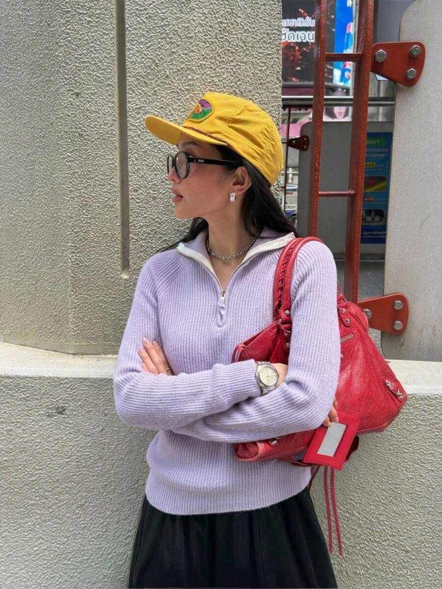 女款羅紋半拉鍊領毛衣,寬鬆版型長袖針織套頭衫,薰衣草紫色柔軟保暖秋冬休閒上衣 - 紫色 - 查看 1