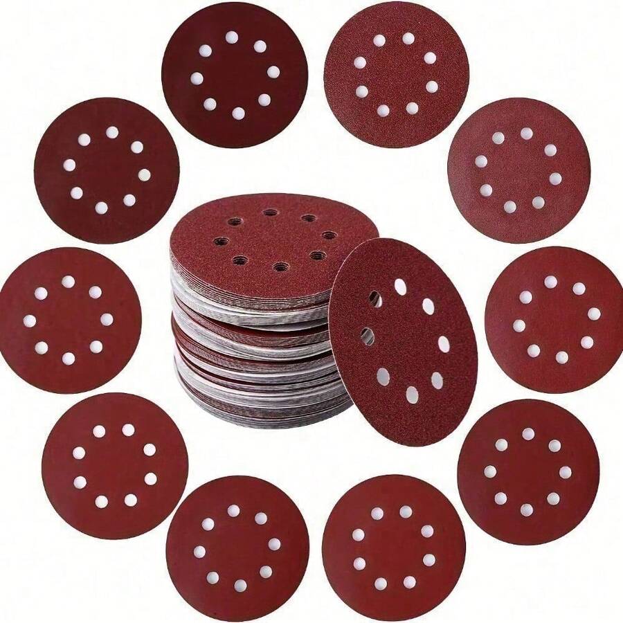 10/100pcs Red Sandpaper, 5 Inch 8-Hole Flocked Sandpaper, Aluminum Oxide Pneumatic Grinding And Polishing Sandpaper. Polishing Tool - 80# - View 1