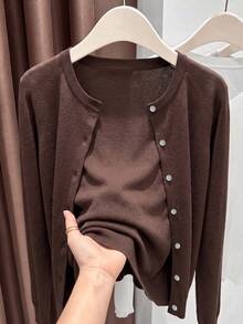Plus Size Women's Solid Color Long Sleeve Single-Breasted Knit Thin Cardigan, Suitable For All Seasons Outerwear, Brown Autumn Thin Cardigan Sweater - Coffee Brown - View 7