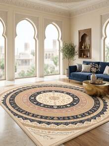 1PC Round Floral Pattern Faux Cashmere Machine Washable Area Rug, European Classical Palace Style Vintage Luxury Soft Rectangular Carpet, Living Room Bedroom Home Decor, All Season Use, Aesthetic Home Decoration - Multicolor - View 1