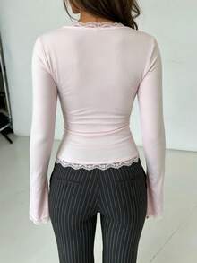 Women's Lace Patchwork Fitted Versatile Daily Wear Long Sleeve Top - Pink - View 3