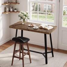 LITTLE TREE 105 Cm Industrial Bar Table Solid Wood Breakfast High Table With Metal Frame Footrest Rustic Brown For Kitchen Coffee Corner Small Spaces - Brownish Black - View 4