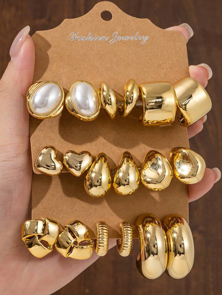 6-18pcs Gold Glossy Metallic Finish Earring Set, Geometric Multi-Style Women's Fashion Earrings, Hypoallergenic Lightweight ABS Material - Gold - View 1