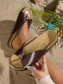 Women's New Coffee Brown Vintage Metal Shell Decor Thong Sandals, Soft Cork Insole Flat Flip Flops, Summer Vacation Casual Beach Sandals - Coffee Brown - View 1