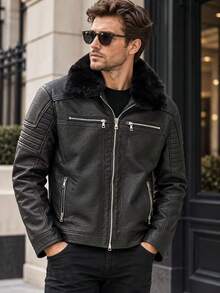Men's Black Faux Leather Biker Jacket With Detachable Faux Fur Collar, Multi Zip Pockets & Padded Sleeve Detail - Black - View 2