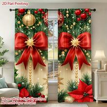 2D Flat, 2-Piece Set 2D Flat Print Holiday Christmas Wreath Semi-Sheer Curtains With Rod Pocket Design - Suitable For Office, Bathroom, Art Decor Style Spaces - Home Decor (Non-Multi-Layer Curtains), 2D Flat - D - View 3