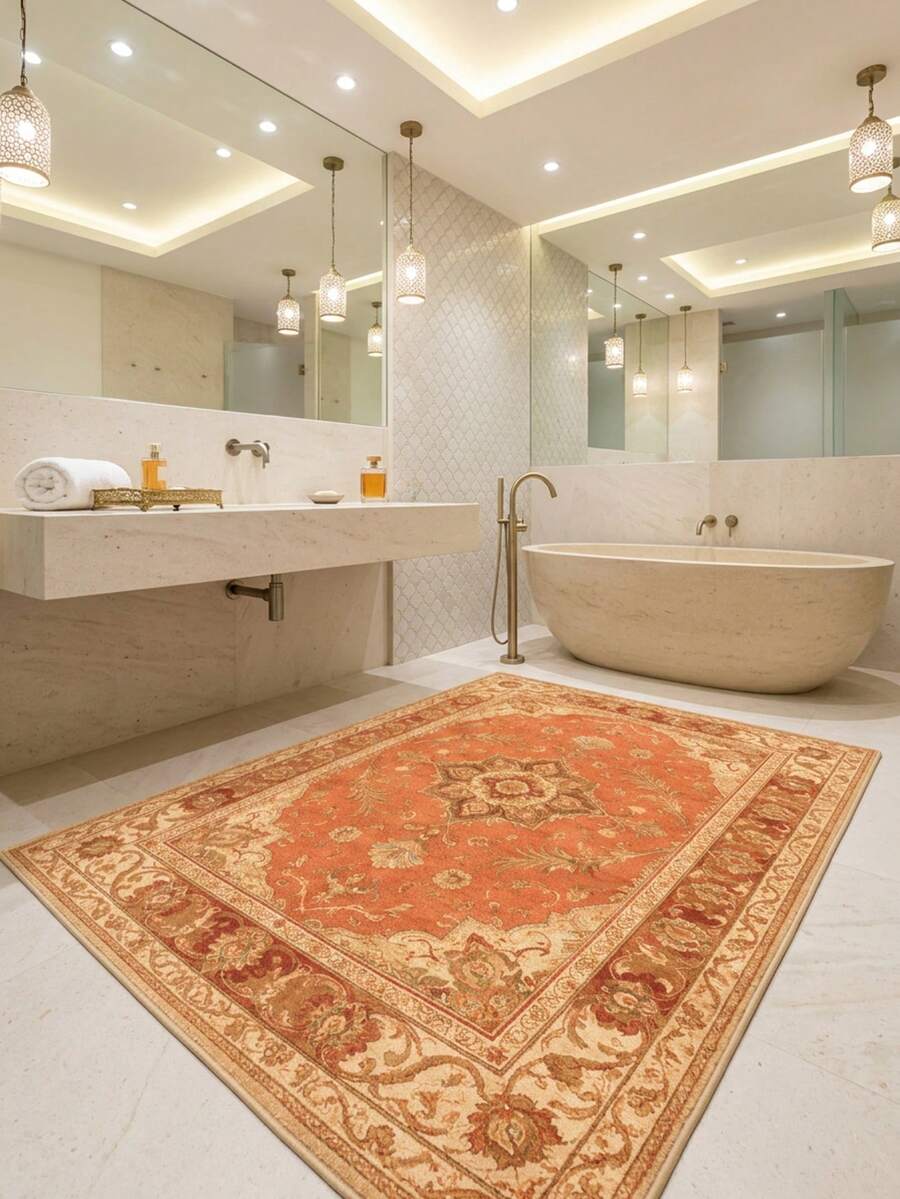 1PC Orange & Beige Classical Floral Area Rug, Middle Eastern Vintage Style Faux Cashmere Rectangular Symmetrical Totem, Machine Washable For Living Room Bedroom Daily Home Decor, Aesthetic Home Decoration - Multicolor - View 1