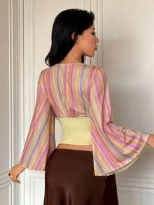 Women's Minimalist Sexy Sexy Deep V-Neck Flared Long Sleeve Top, Striped Patchwork Colorblock Fashion Outfit - Yellow - View 2
