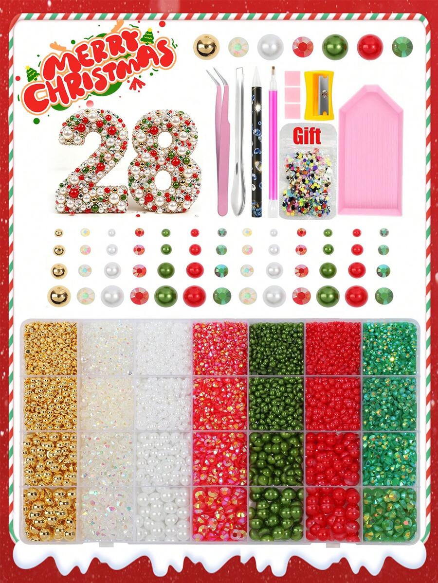 28 Grids Christmas Flatback Rhinestone & Pearl Kit, Xmas Nail Art Gems With Upgraded Tools, DIY Embellishments For Manicure, Shoes, Water Bottles & Phone Case Decor - Multicolor - View 1