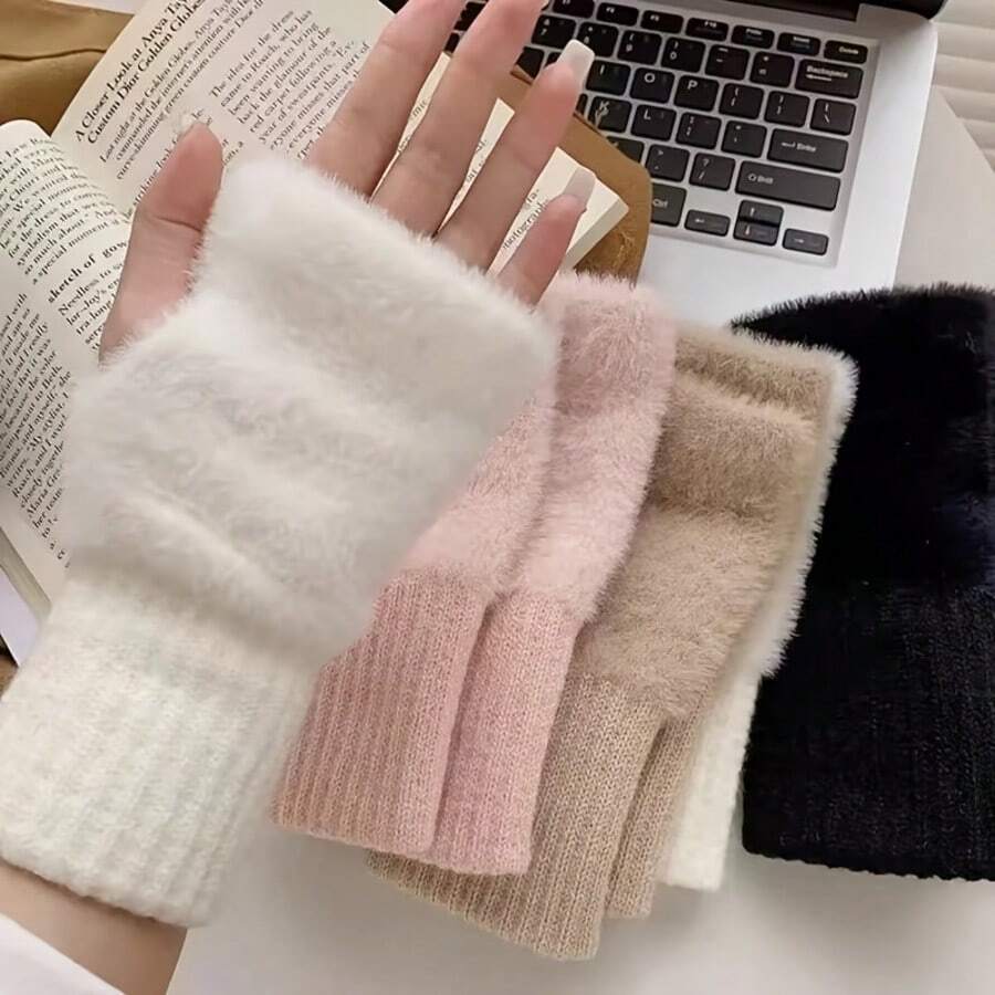 Women's Soft Plush Fingerless Gloves, Faux Mink Fur Winter Arm Warmers, Ribbed Cuffs - Multicolor - View 1