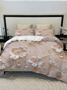 3件組奢華優雅花卉被套組（1件被套 + 2件枕套，不含被芯/枕芯），花卉珍珠與水鑽圖案床上用品，柔軟聚酯纖維四季可水洗床上用品套裝，可選尺寸：特大號、大號、標準雙人、單人，適用於臥室、客房、學校宿舍、飯店四季使用 - 彩色 - 查看 5