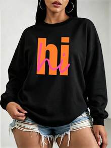 Plus-Size Women's Fashion Crew Neck Sweatshirt, Orange And Pink Color-Blocked "Hi" Graphic Print, A Casual Street Style Top For Autumn And Winter. - Black - View 4