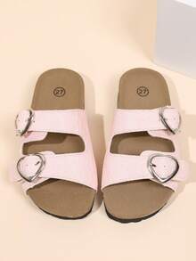 Summer New Shiny Double Buckle Girls' Sandals, Adjustable Cork Sole, Lightweight Flat Bottom, Versatile Comfortable Slip-On Slippers - Pink - View 2