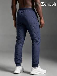 ZenBolt Men's Winter Fleece Lined Quilted Joggers, Elastic Drawstring Waist And Cuffed Hem, Zipper Pockets, Outdoor Casual Style - Blue - View 3