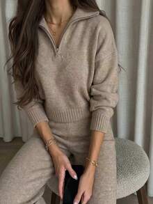 MORI Autumn/Winter Light Khaki Half-Zip Cropped Sweater & Pants 2 Pieces Set Women's Outfit For Coffee Date - Oat - View 3