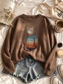 Women's Plus Size Brown Sweater, Cat Print, Autumn/Winter Long Sleeve Crew Neck Pullover - Brown - View 2