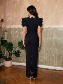 Modphy European And American New Fashionable Lotus Leaf Sleeve Nail Diamond Bandage Long Dress Elegant Dress For Socialite Parties And Banquets - Black - View 5