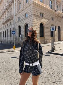 Nueva chaqueta holgada de estilo blogger para mujer con estampado de lunares, cordón ajustable y hombros caídos, otoño - Azul Marino - Ver 4