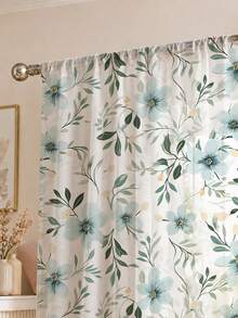 2PCS Light Blue Floral Print High Density Mesh Curtains, Light Filtering Rod Pocket - Multicolor - View 1