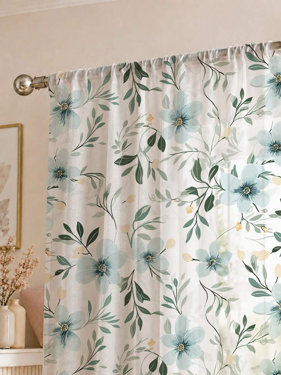 2PCS Light Blue Floral Print High Density Mesh Curtains, Light Filtering Rod Pocket - Multicolor - View 1