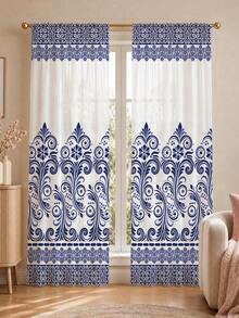 2PCS Blue Damask Floral Print High Density Mesh Curtains, Light Filtering Rod Pocket - Multicolor - View 6