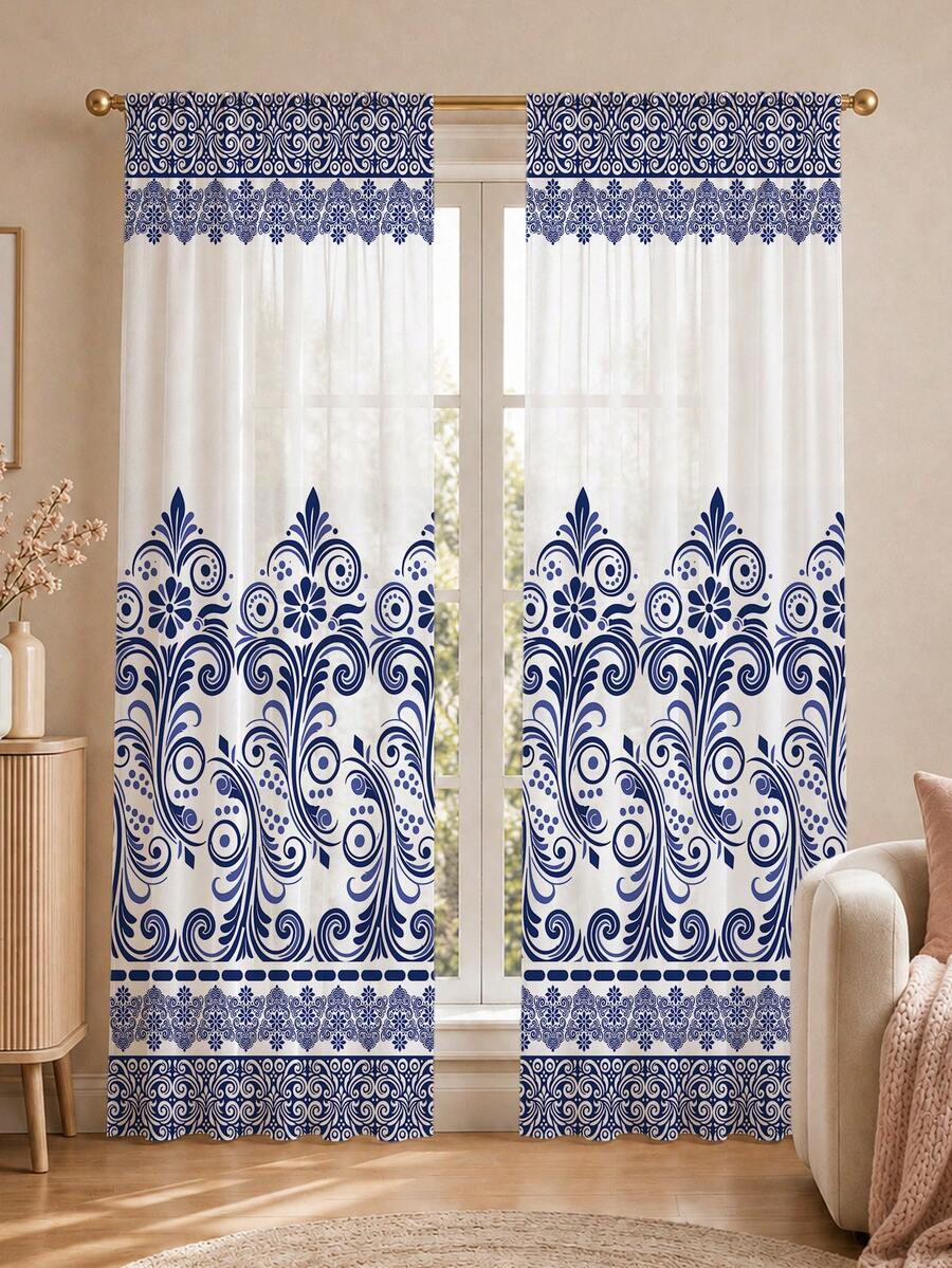 2PCS Blue Damask Floral Print High Density Mesh Curtains, Light Filtering Rod Pocket - Multicolor - View 1