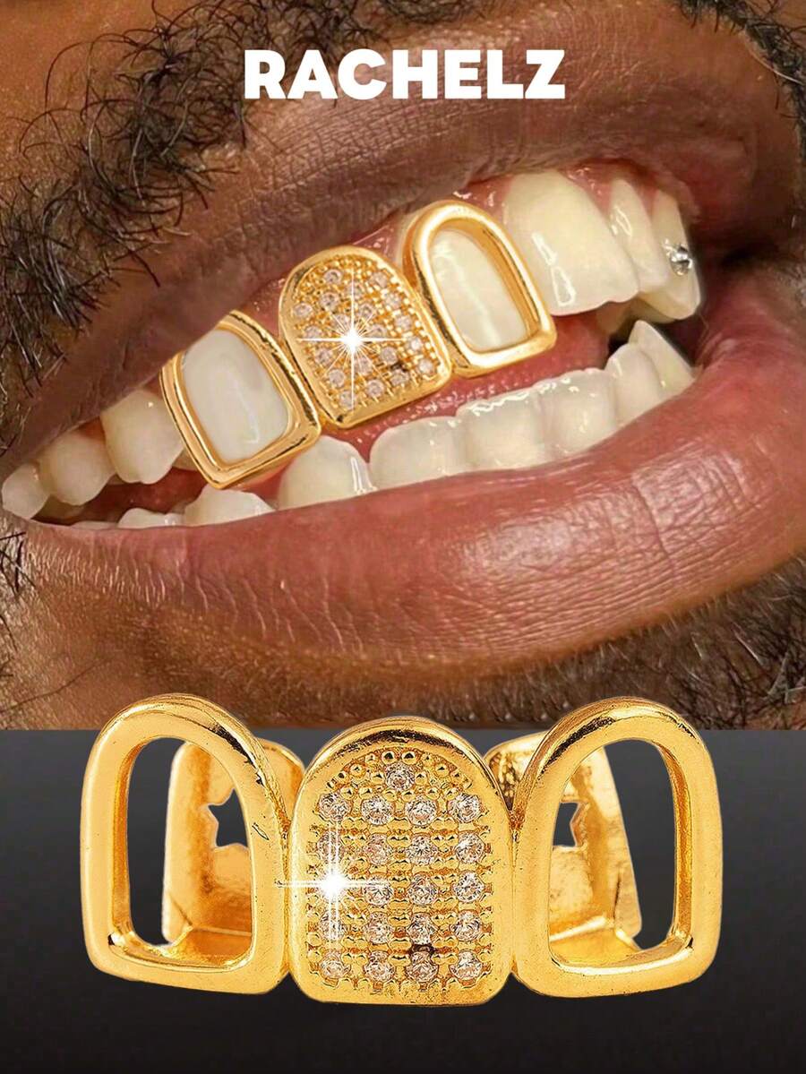 RACHELZ 復古 Y2K 3件組鏤空 CZ 鋯石牙套 Grillz 嘻哈亮面鋯石牙帽 中性牙飾 派對禮物 - 金色 - 查看 1