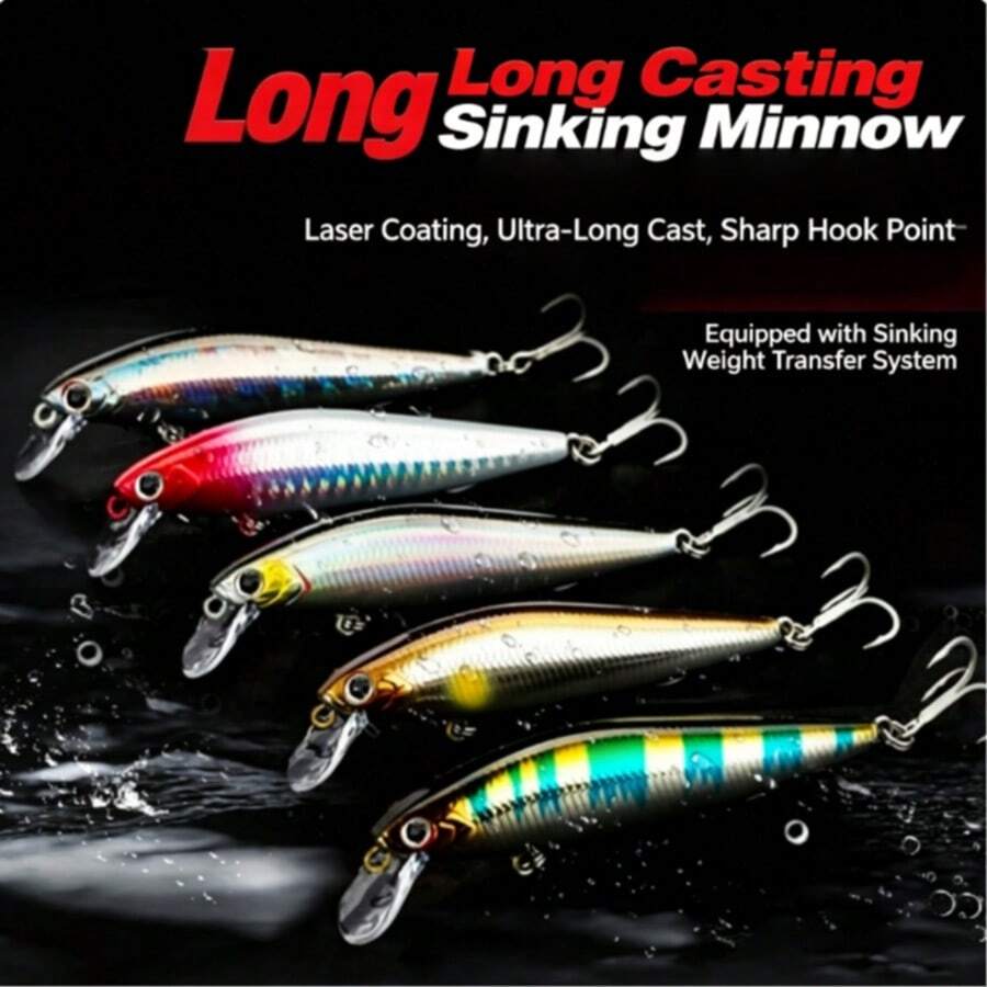 2pcs Long-Cast Sinking Small Fish Lures With A Weight Transfer System, Equipped With 4X Strong Treble Hooks, 3D Realistic Eyes, And Laser Coating, Suitable For Freshwater And Saltwater Bass Fishing. - Multicolor - View 1