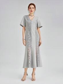 Rich Radi Q's Fashion Women's Gray Mid-Length Dress, V-Neck Short Sleeve Design, Exquisite Contrast Lace Details, Woven Fabric Slim Fit Mermaid Silhouette - Grey - View 1