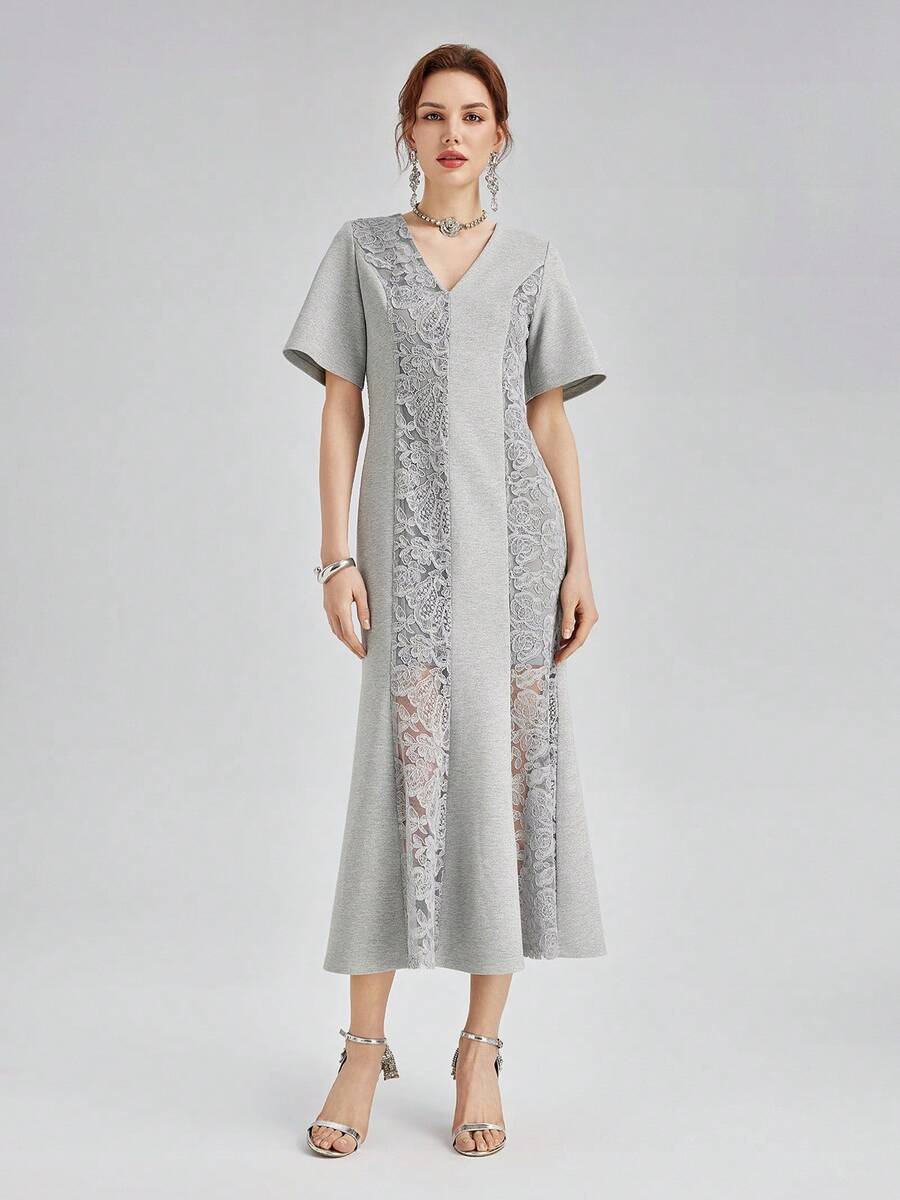 Rich Radi Q's Fashion Women's Gray Mid-Length Dress, V-Neck Short Sleeve Design, Exquisite Contrast Lace Details, Woven Fabric Slim Fit Mermaid Silhouette - Grey - View 1