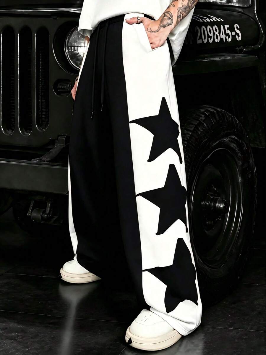 Black & White Colorblock Five-Point Star Wide Leg Sweatpants With Side Vertical Stripe Star Print Elastic Waist Straight Leg Casual Long Pants - Black - View 1