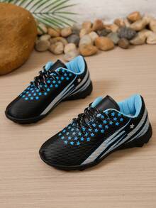 Boys' Star Striped Studded Soccer Shoes, Lace-Up Anti-Slip Children's Sports Field Training Sneakers - Black - View 7