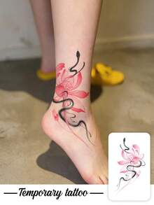 1pc Temporary Tattoo Sticker, Pink Ink Wash Lotus & Black Snake Pattern, Realistic Fake Tattoo Design, Suitable For Daily, Bachelorette Party Favors, Music Festivals, Cosplay, Graduation Gifts, Lasts 3-5 Days - Multicolor - View 1