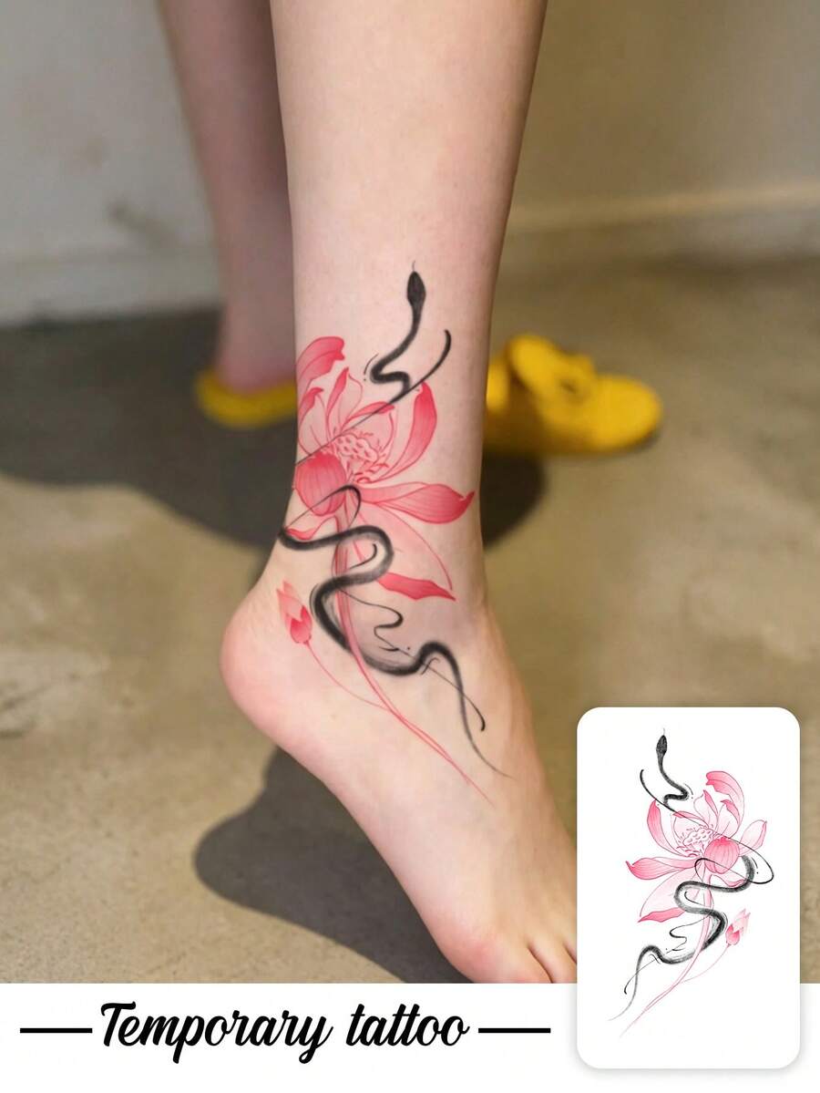1pc Temporary Tattoo Sticker, Pink Ink Wash Lotus & Black Snake Pattern, Realistic Fake Tattoo Design, Suitable For Daily, Bachelorette Party Favors, Music Festivals, Cosplay, Graduation Gifts, Lasts 3-5 Days - Multicolor - View 1