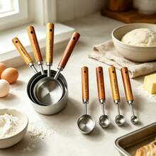 Stainless Steel Measuring Cup And Spoon Set, Baking Cake Measuring Spoons, Graduated Measuring Tools, Wooden Handle Coffee Spoon, Hand Drip Coffee Bean Weighing Tool, Precise Powder Measuring Kitchen Baking Tool, Suitable For Cooking And Baking Kitchen Supplies, Applicable To Dry And Liquid Ingredients - Silver - View 2