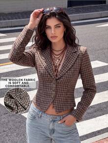 Women's Houndstooth Woven Blazer Jacket, Button Front Closure, Long Sleeve Slightly Dropped Shoulder Design, Regular Fit, Short Length, Wool Blend Fabric, Cinched Cinched Waist, Vintage Plaid Pattern, Notch Lapel - Mocha Brown - View 3