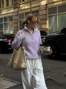 Ribbed Half-Zip Collared Sweater For Women, Relaxed Fit Long Sleeve Knit Pullover, Lavender Purple Soft Warm Fall Winter Casual Top - Purple - View 4