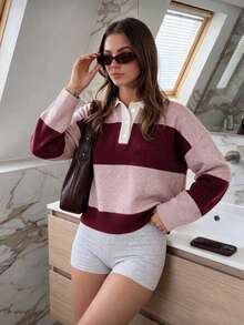 Spring/Autumn Multi-Color Contrast Lapel Long Sleeve Half-Button Cardigan Sweater - Pink and Wine Red - View 4