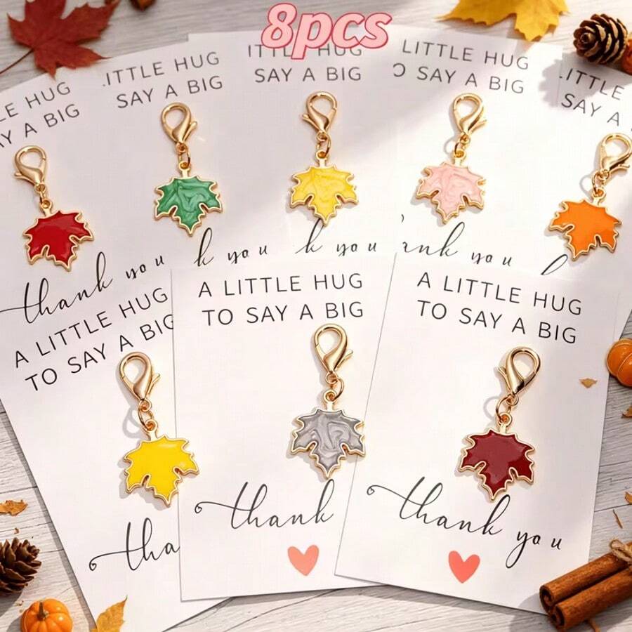 8pcs Creative Maple Leaf Pendant Keychain, Creative Small Gift, With Thank You Card, Halloween Thanksgiving, Autumn Harvest Gift, Best Gift For Friends, Perfect Thanksgiving Keychain Pendant Gift - Multicolor - View 1