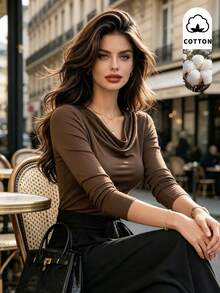 DONICY Atasan Wanita Lengan Panjang Slim Fit Stretch Leher Kerah Berlipat Warna Cokelat Tua, Kaos Dalam Dasar yang Pas Badan, Cocok untuk Pakaian Sehari-hari di Musim Semi dan Gugur - Coklat - View 1