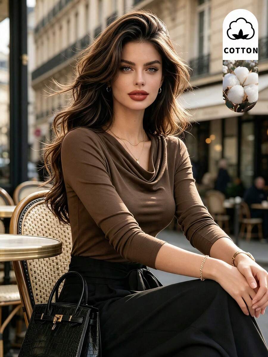 DONICY Atasan Wanita Lengan Panjang Slim Fit Stretch Leher Kerah Berlipat Warna Cokelat Tua, Kaos Dalam Dasar yang Pas Badan, Cocok untuk Pakaian Sehari-hari di Musim Semi dan Gugur - Coklat - View 1