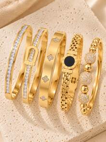 Camhanno Gold Stainless Steel Stackable Bangle 5PCS Set, CZ Four Leaf & Roman Dial Women Fashion Jewelry - Multicolor - View 5