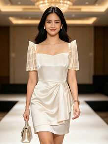 Amyenjoylife Modern Filipino Style Elegant Butterfly Sleeve Pleated Dress - Apricot - View 6