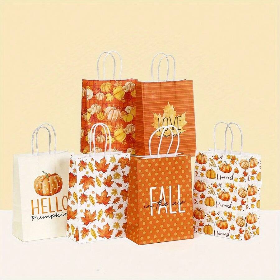 Autumn Harvest Maple Leaf & Pumpkin Print Kraft Paper Gift Bags, Random Style, Thanksgiving Party Favor Packaging, Classroom Party & Holiday Souvenir Bags, Maple Leaf Design Paper Gift Wrap For Table Decor And Guest Favors - Multicolor - View 1