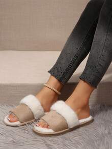 1 Pair Color Block Plush Open Toe Indoor Slippers For Women, Flat Sole Fuzzy Cotton Slippers, Autumn/Winter - Beige - View 5