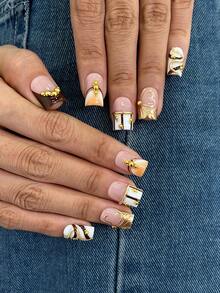 10pcs/Set Y2K Nails Handmade, Cute Nails, Pink Nails, Gold Nails, Golden Jewelry Nails & Brown Stripe Nails, Perfect For Parties & Daily Wear. Square Nails. Handmade Press On Nails Square, Short Fake Nails, Acrylic Nails, Handmade Nails, Fall Nails - Multicolor - View 4