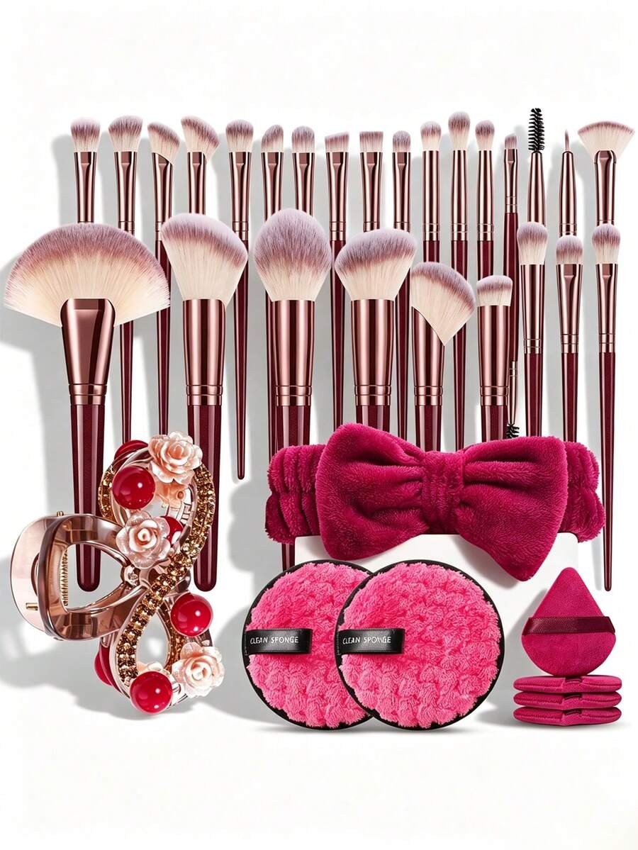 34/26 Pcs Wine Red All In One Makeup Tools Set,26Pcs Makeup Brushes,Flower Red Bead Hair Claw,Wine Red Bow Hairband,2Pcs Clean Sponge,4Pcs Triangle Powder Puffs For Daily Full Face Makeup - Multicolor - View 1
