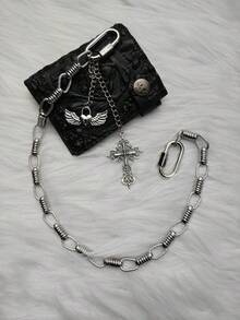 Gothic Y2K Spring Single Layer Pants Chain, Vintage Cross & Wing Heart Pendant Denim Jeans Chain, Unisex Aesthetic Metal Wallet Chain - Silver - View 7