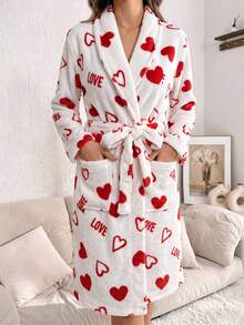 Women's Fleece Lined Red & White Heart LOVE Letter Print Tie Neck Robe, Flannel Loungewear Robe, Fleece Robe - Multicolor - View 3